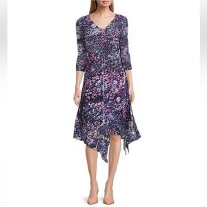 NWT Komarov Chiffon 3/4 Sleeve V-Neck Handkerchief Hem A-Line Dress size Small